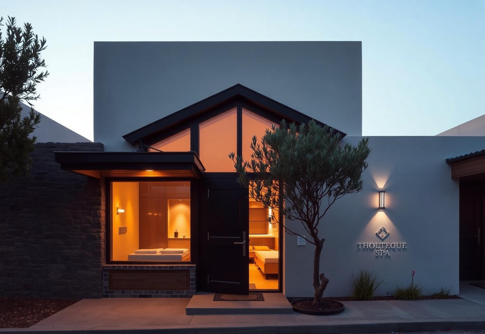 Fachada del spa al atardecer